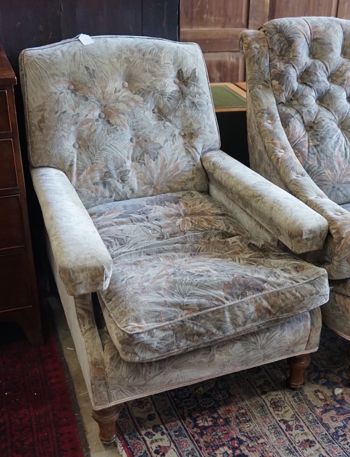A Victorian walnut upholstered library chair, width 74cm, depth 92cm, height 90cm
